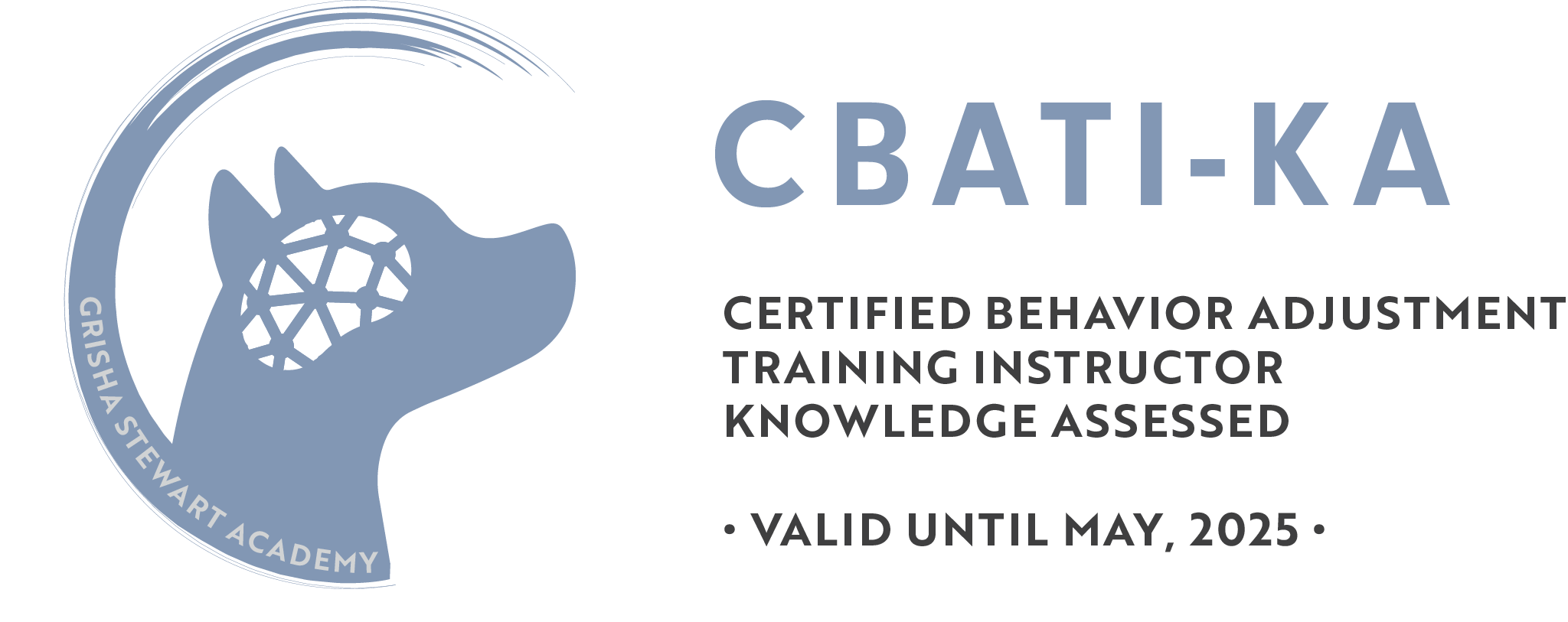 CBATI-KA logo; a dog silhouette with an abstract image of a brain inside the dog's head, and the text "Certified Behaviour Adjustment Training Instructor - Knowledge Assessed."