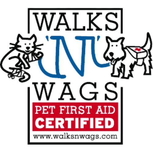 Logo for Walks N Wags Pet First Certified: A paw print with the text "Walks N Wags Pet First Certified" in bold, vibrant colors.