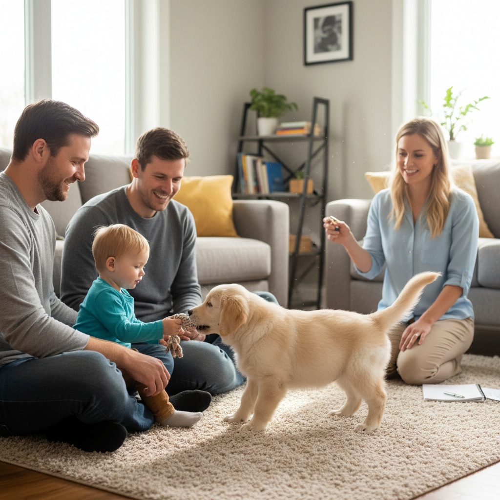 "Family with Golden Retriever puppy practicing clicker training safely with their baby present, with a professional trainer at their home in Charlottetown"
