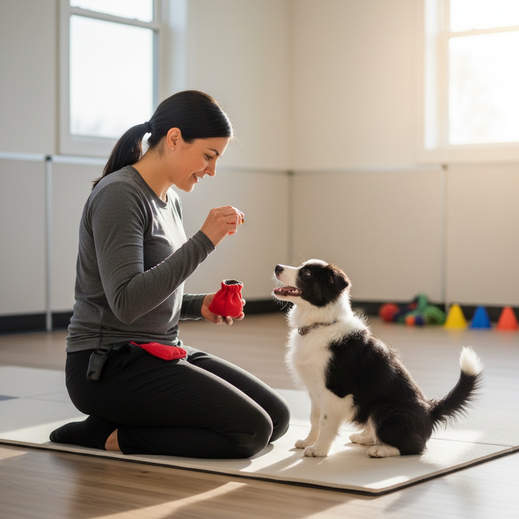 "Certified dog trainer working one-on-one with border collie puppy using force-free training methods"