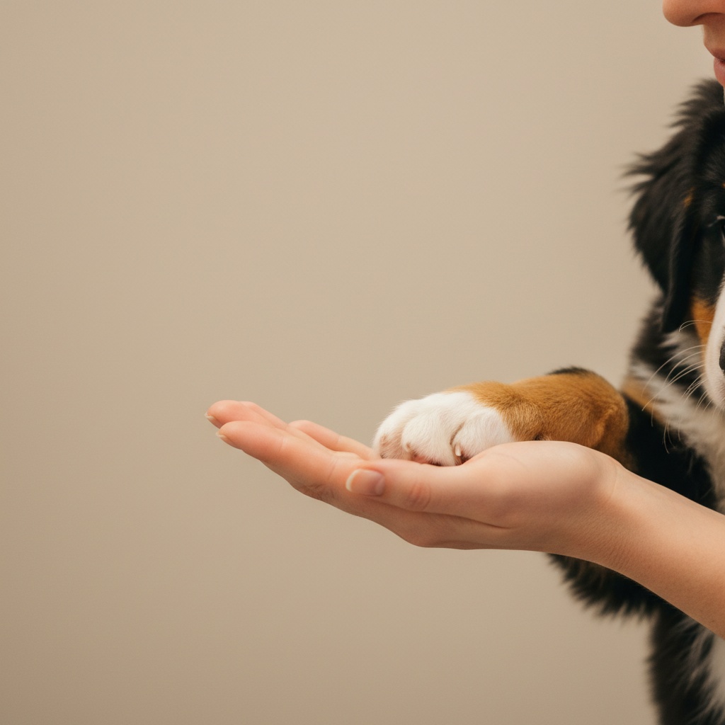 "Bernese Mountain Dog puppy's paw touching trainer's hand during trust-building exercise"
