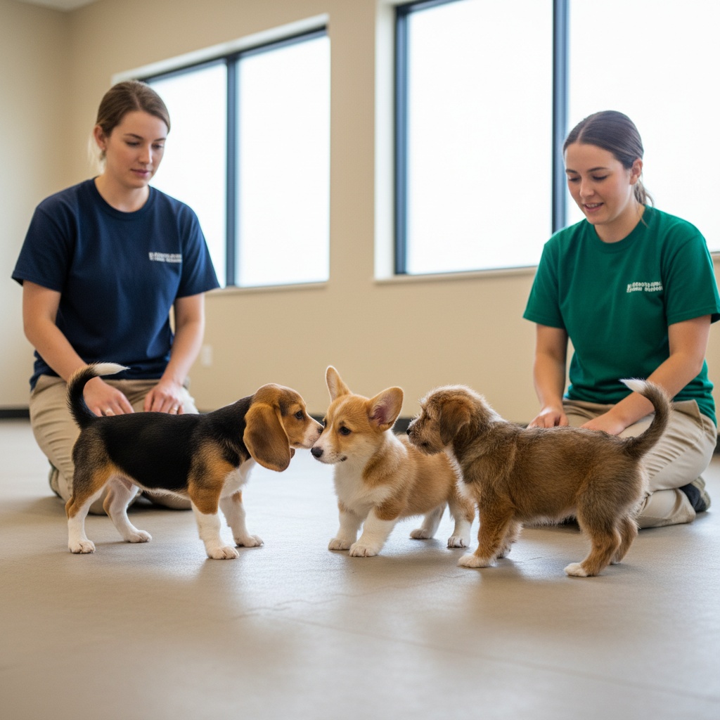 "Small puppy socialization class with beagle, corgi, and mixed breed puppies in PEI training facility"
